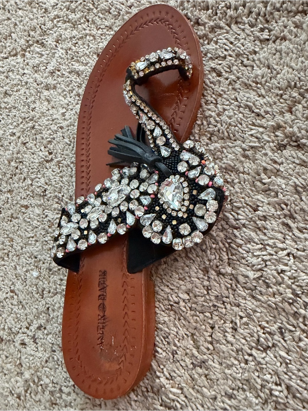 Antik Batik Black Jeweled Thong Sandal with Brown Footbed